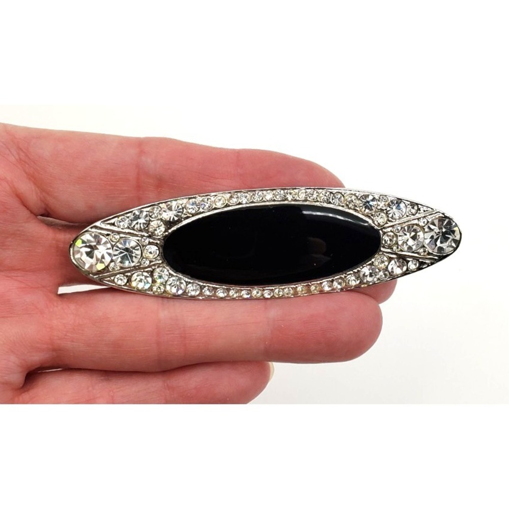 Vintage Rhinestone Bar Brooch Black Cabochon Pin Silver Tone